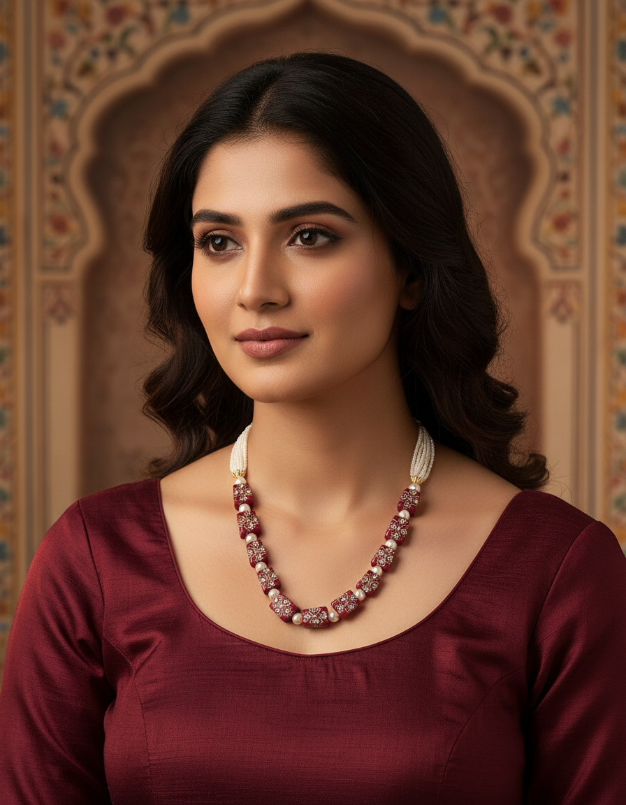 Runjhun tanjore art maroon beads necklace