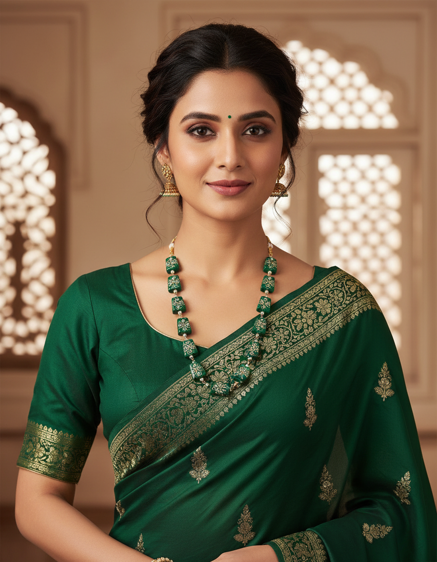 Runjhun tanjore design green necklace