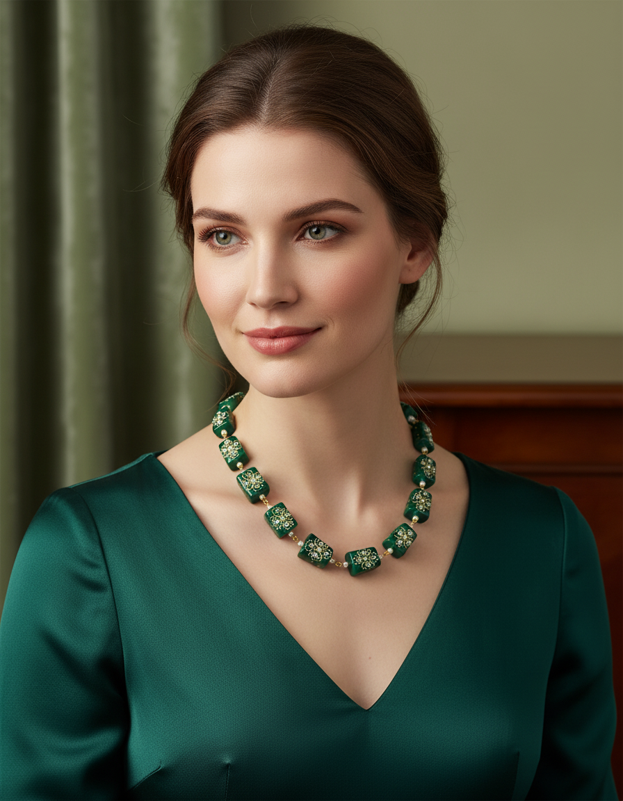 Runjhun tanjore design green necklace