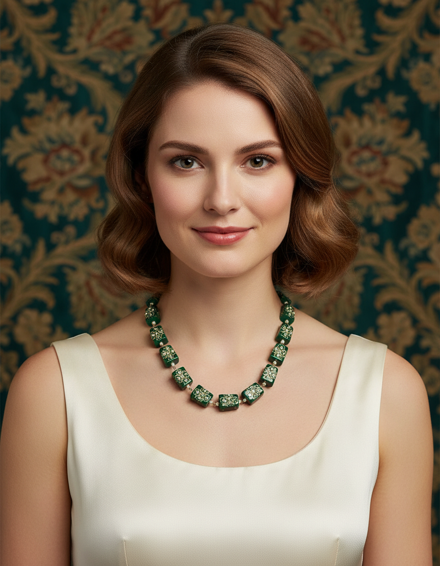 Runjhun tanjore design green necklace