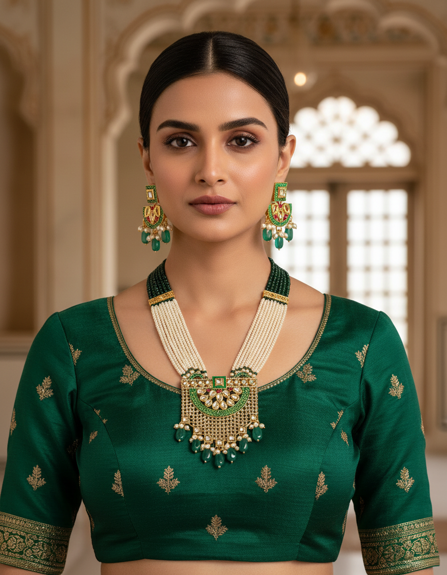 Runjhun green and white beads kundan necklace set