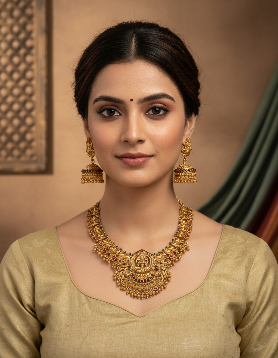 Runjhun laxmi gold plated copper necklace set