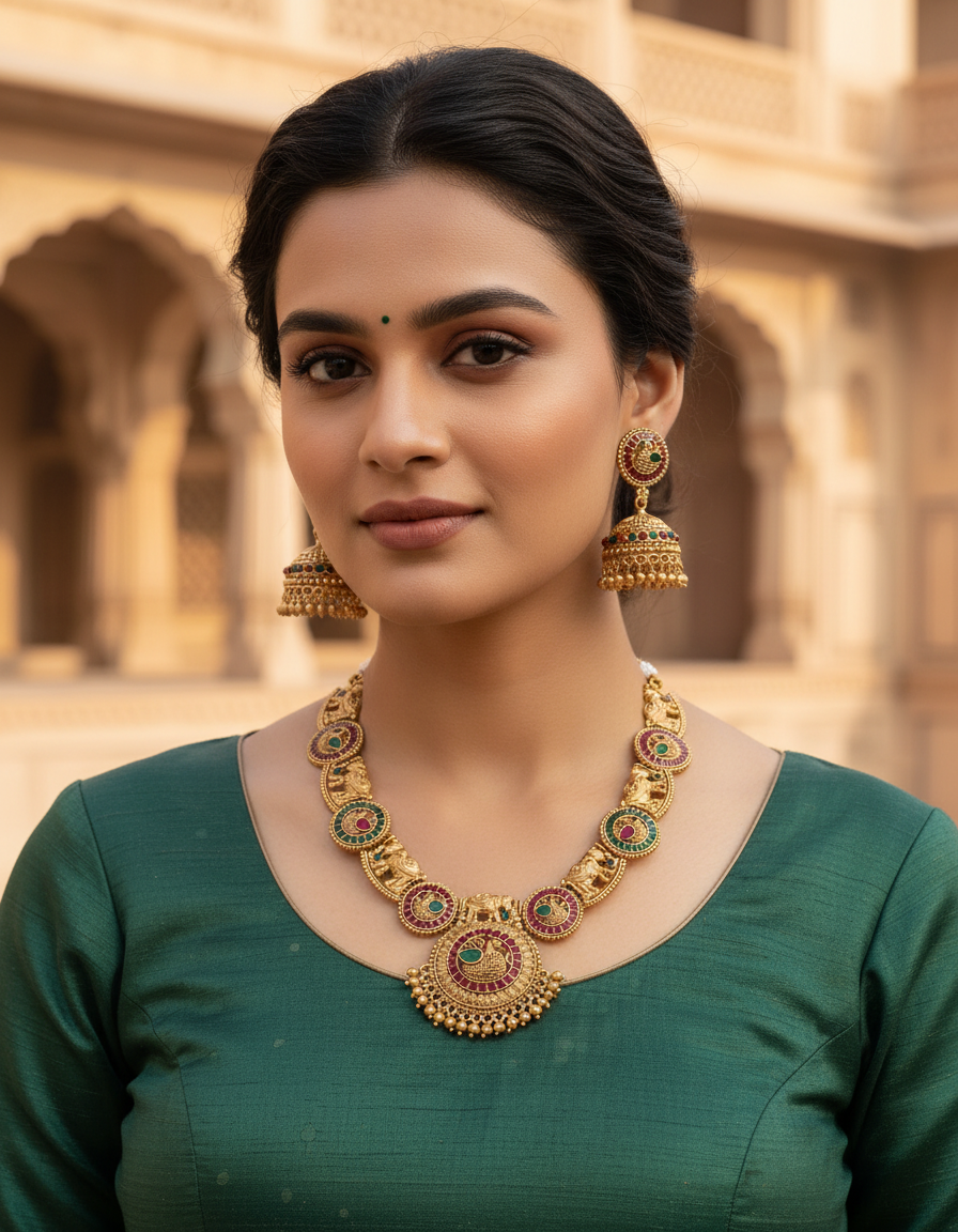 Runjhun red green temple design necklace set