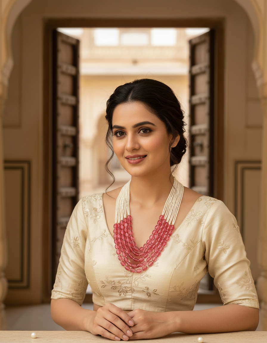 Runjhun pink stones pearl multilayer necklace