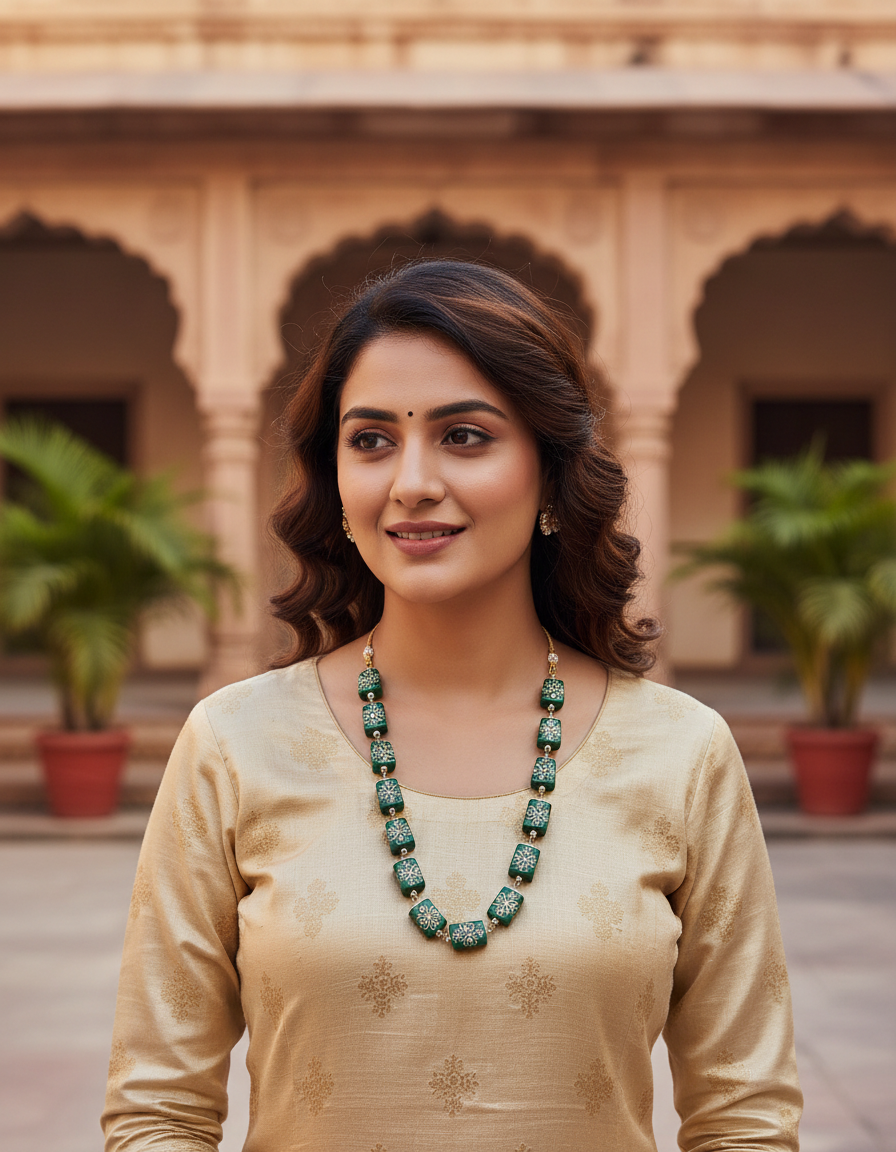 Runjhun tanjore design green necklace