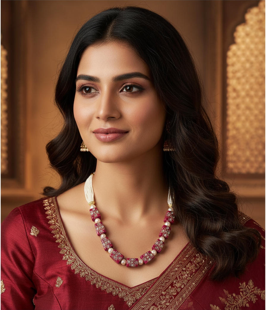 Runjhun tanjore art maroon beads necklace