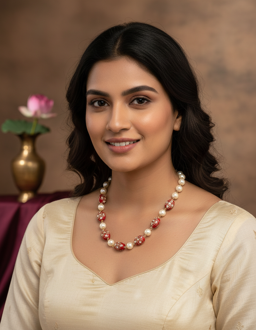 Runjhun designer red beads pearl necklace