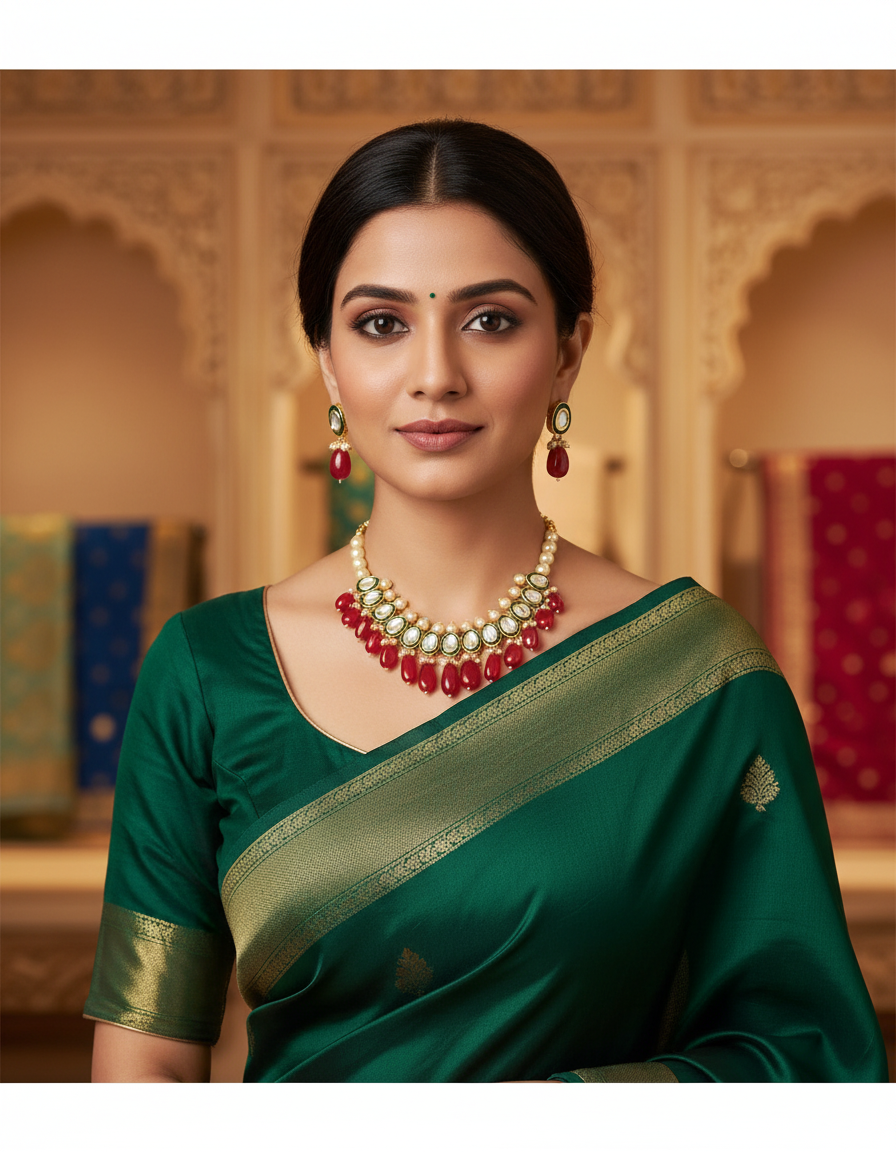 Runjhun kundan and ruby stone necklace set