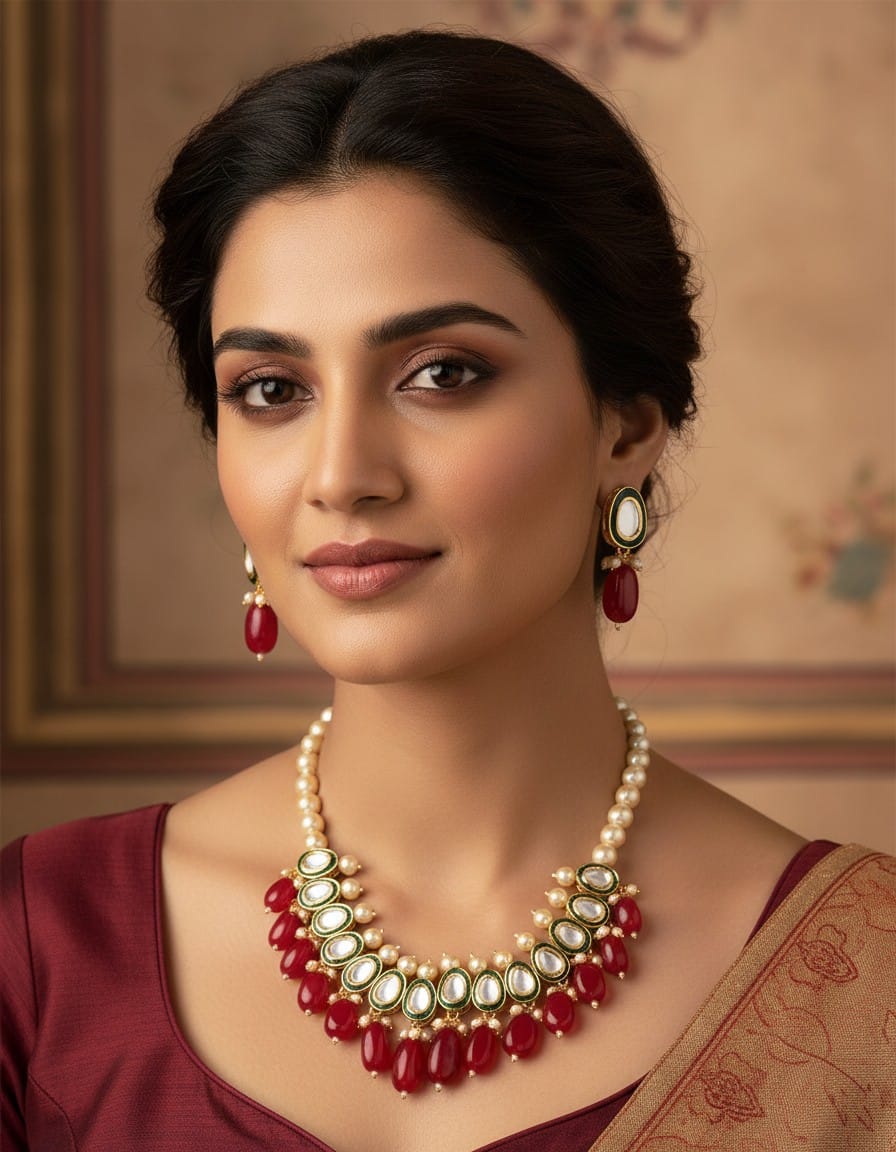 Runjhun kundan and ruby stone necklace set