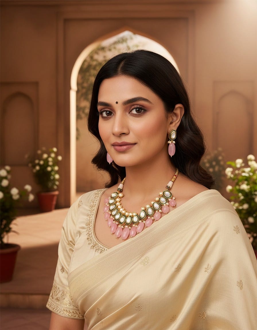 Runjhun kundan pink beads necklace set