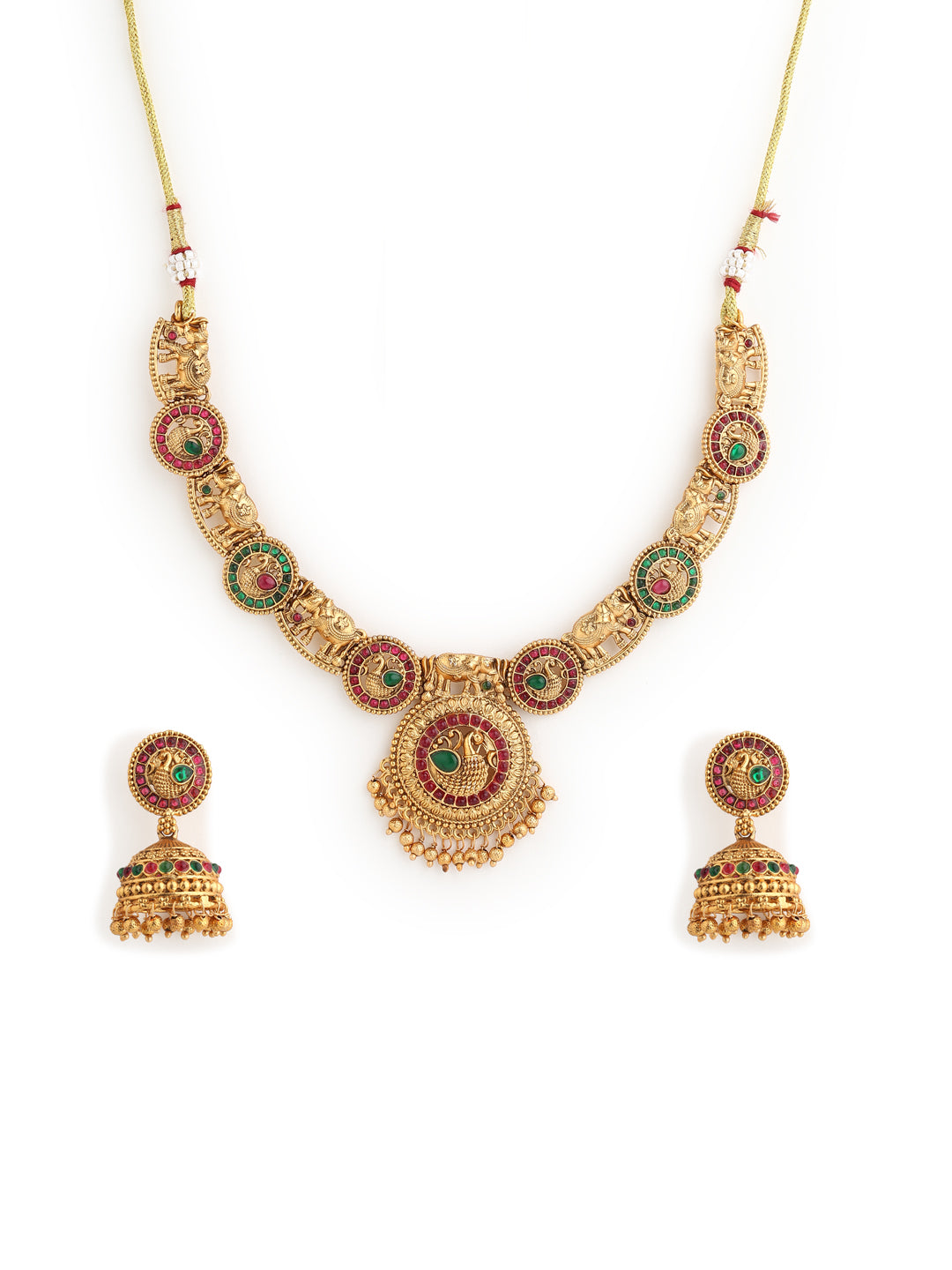 Runjhun red green temple design necklace set