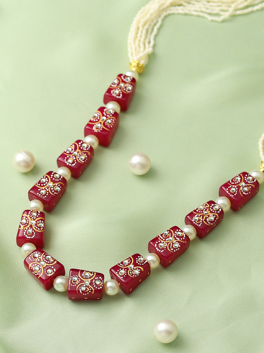 Runjhun tanjore art maroon beads necklace