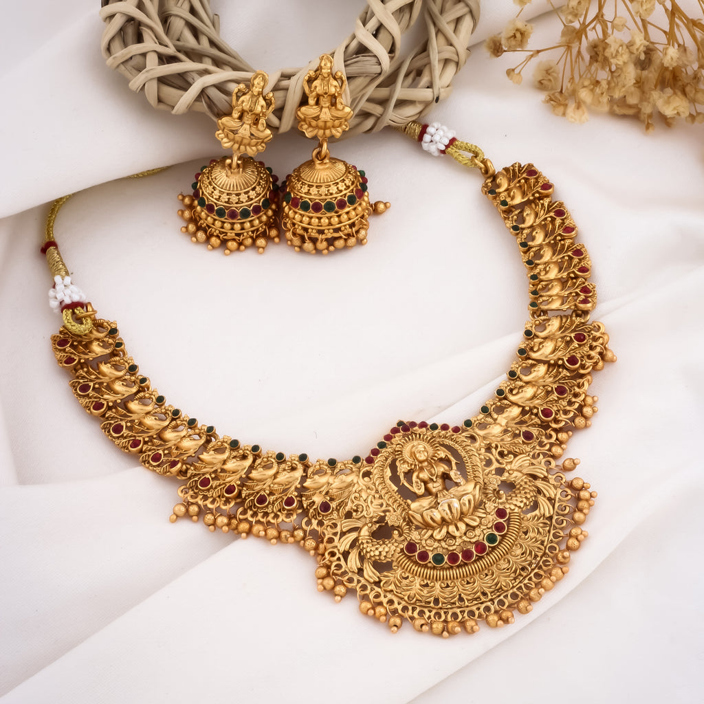 Runjhun laxmi gold plated copper necklace set