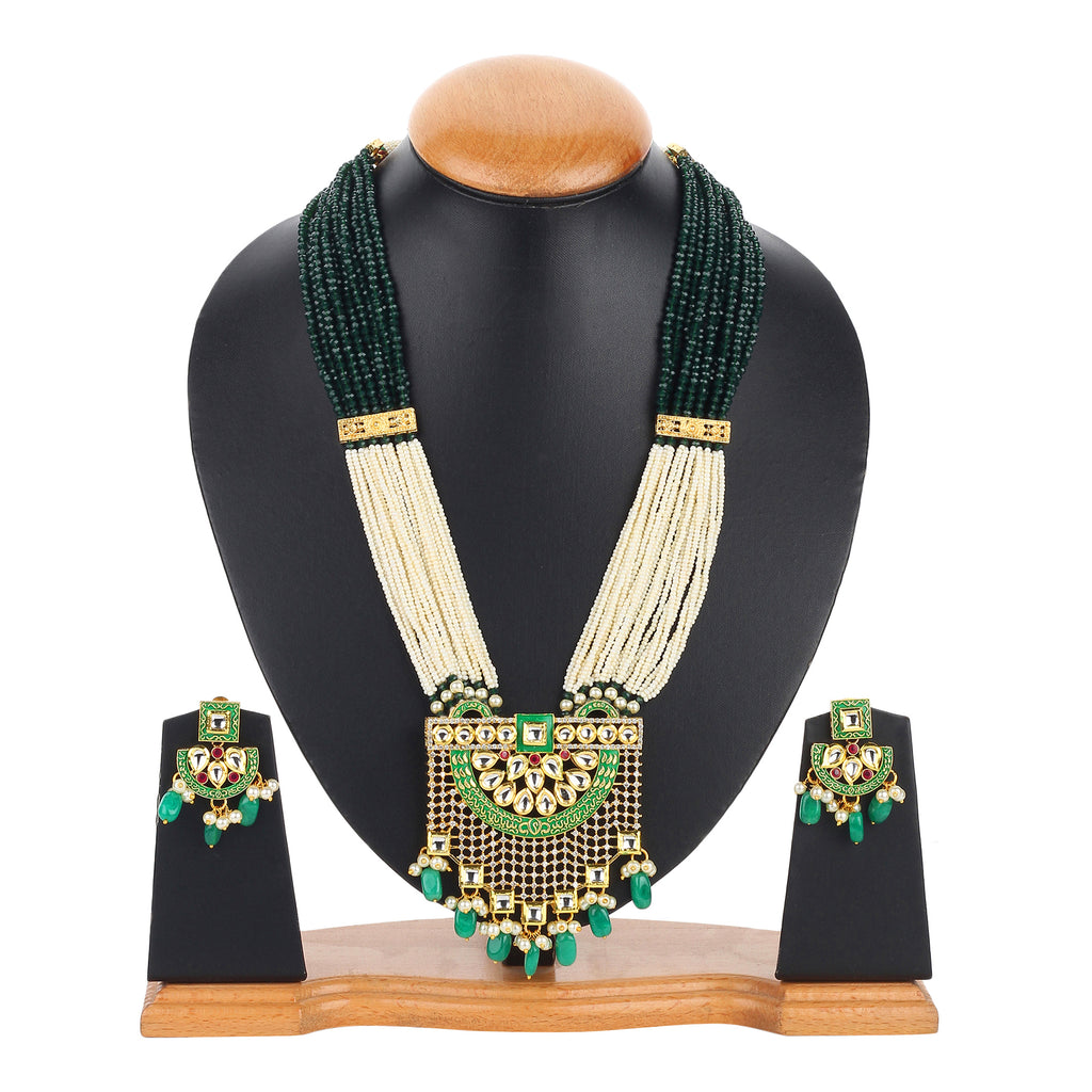 Runjhun green and white beads kundan necklace set