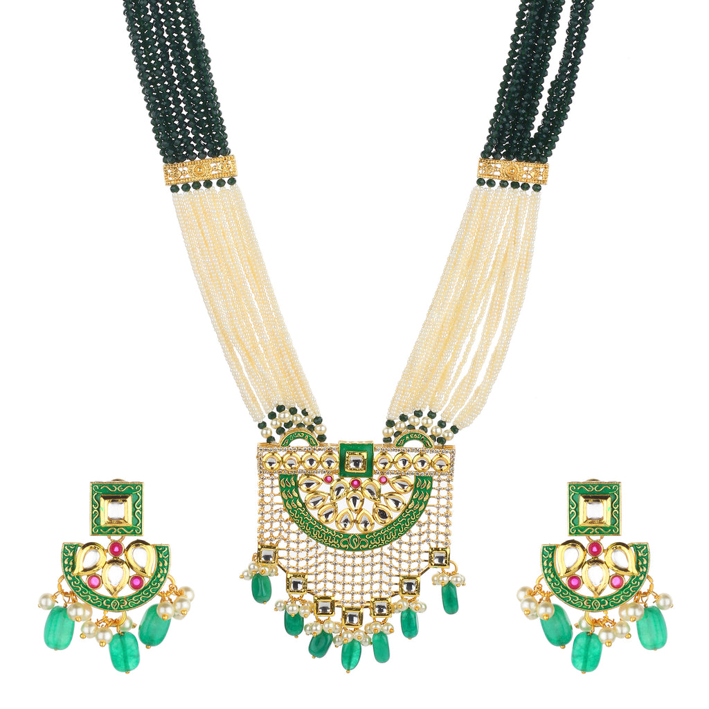 Runjhun green and white beads kundan necklace set