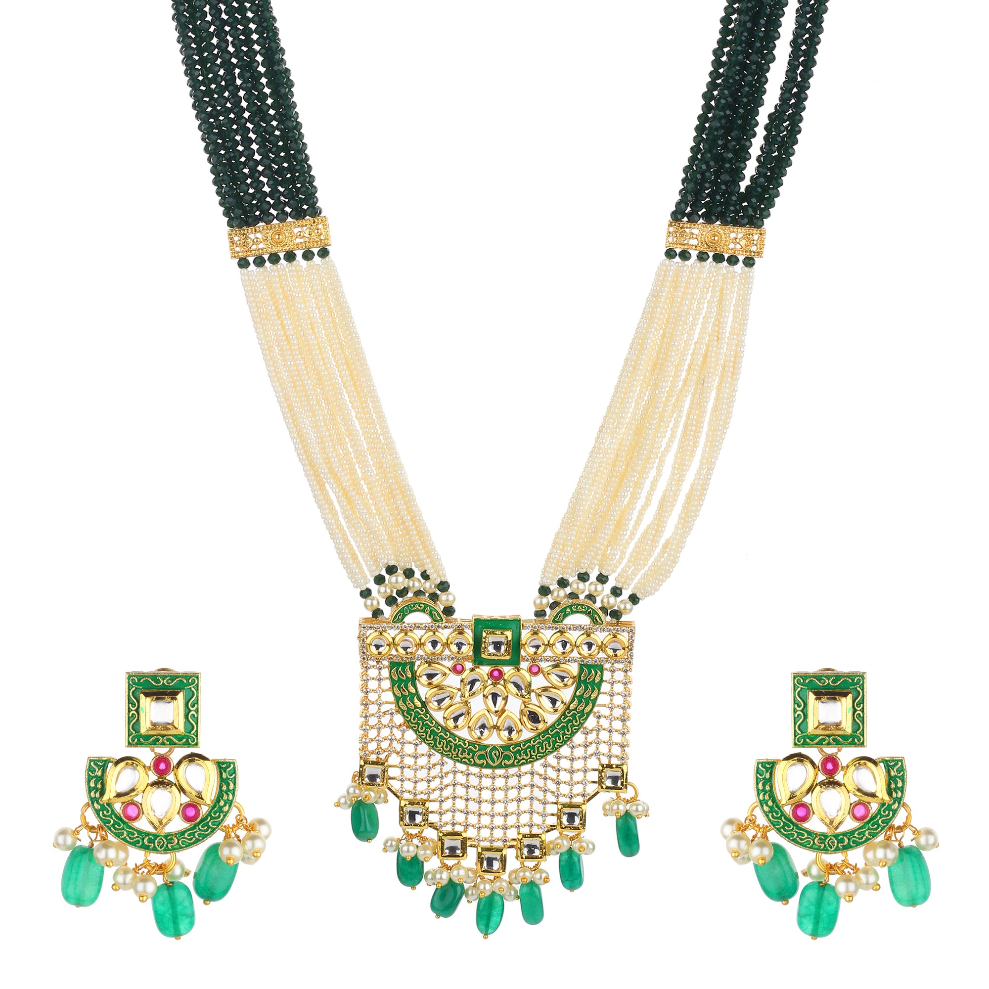 Runjhun green and white beads kundan necklace set