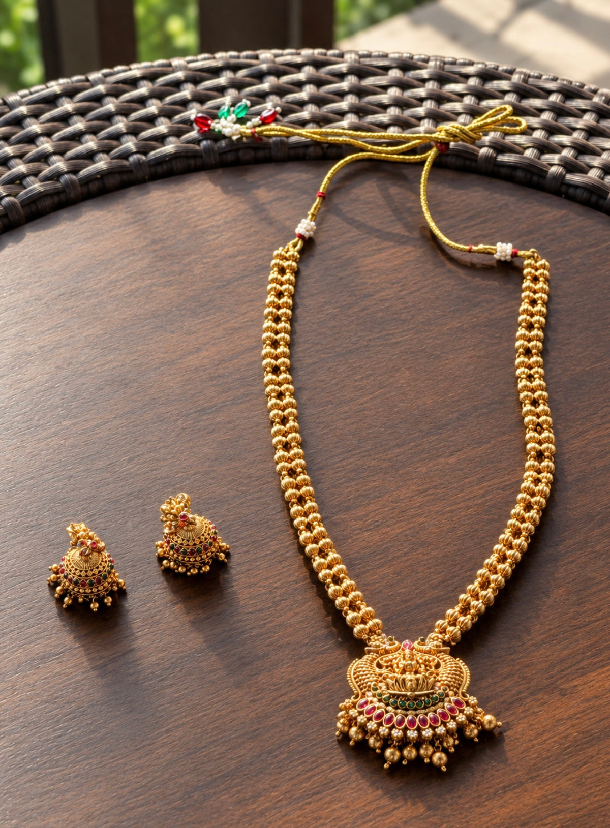 Runjhun Long Laxmi Temple Design Necklace Set