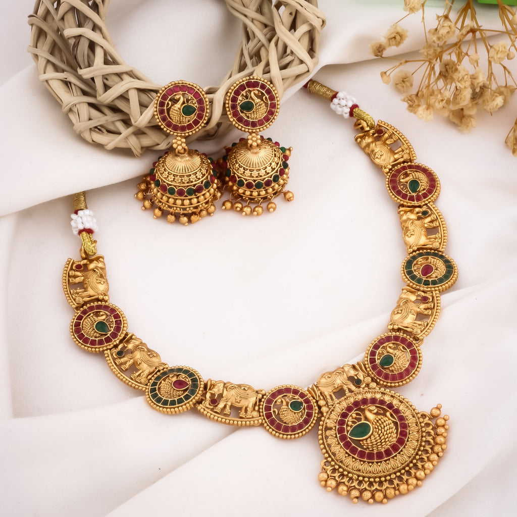 Runjhun red green temple design necklace set